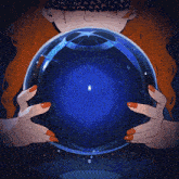 a woman with red hair is holding a blue ball with a star in it