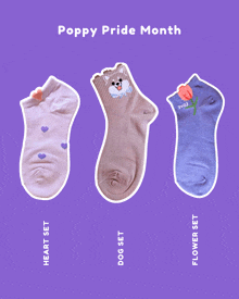 three pairs of socks with the words poppy pride month on the bottom