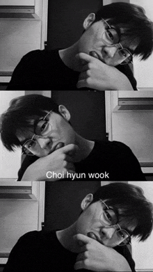 a black and white photo of a young man wearing glasses with the caption choi hyun wook
