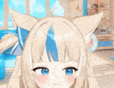 a blonde anime girl with blue eyes and ears is making a funny face .