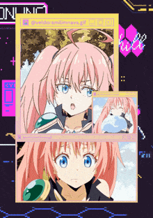 a picture of a girl with pink hair and blue eyes is displayed on a screen