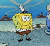 a cartoon of spongebob holding a pizza tray