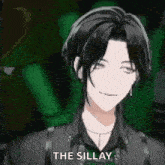 a man with long black hair is smiling and wearing a black suit and tie .