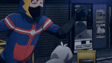 a man in a superhero costume is standing in front of a vending machine that says ' coca cola ' on it