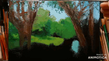 a painting of trees with the words made in animatica at the bottom