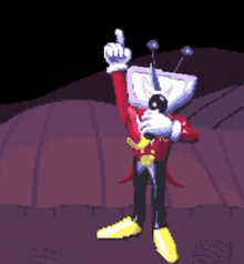 a pixel art drawing of a robot holding a gun and a microphone .