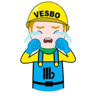 a cartoon character wearing a yellow helmet with the word vesbo on it crying
