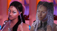 a close up of a woman 's face and a close up of a woman 's hair .