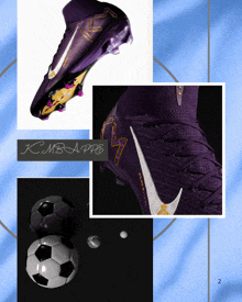 a collage of soccer balls and a purple soccer shoe