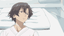 a cartoon character is laying on a bed with a white pillow