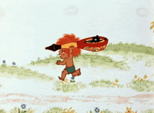 a cartoon drawing of a boy carrying a rocket on his head