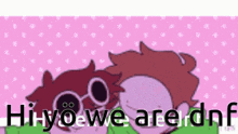 a couple of cartoon characters are standing next to each other on a pink background with polka dots .