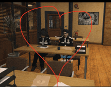 two police officers are sitting at a desk with a heart drawn around them and one of them is named cadet