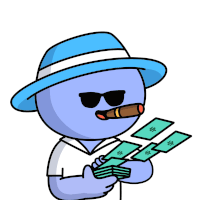 a cartoon character with a hat and sunglasses is holding a stack of money and smoking a cigar