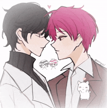 a drawing of a man with pink hair and another man with black hair with the username @exngel