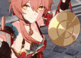 a girl with red hair and yellow eyes is holding a gold object