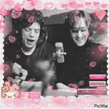 a picture of john lennon and mick jagger is surrounded by pink hearts and a candy button