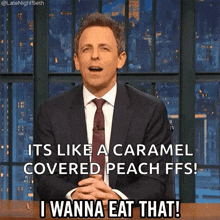 a man in a suit and tie says it 's like a caramel covered peach ffs