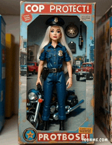 a police officer doll in a box that says cop protect on it