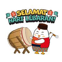 an illustration of a chicken playing a drum with the words selamat hari lebaran