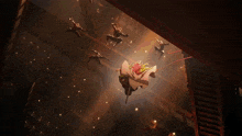 a woman is jumping in the air with a sword