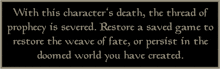a black sign that says " with this character 's death the thread of prophecy is severed " on it