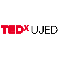 a red and black logo for ted x ujed on a white background