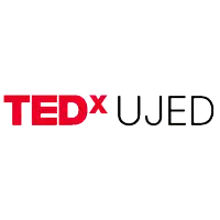a red and black logo for ted x ujed on a white background