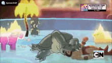 a cartoon of a man laying on the ground with a cn advertisement in the corner
