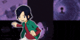 a cartoon of a boy in a green shirt and red sweater