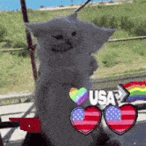 a white cat is standing on its hind legs with hearts and the word usa behind it