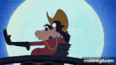 a cartoon cow wearing a cowboy hat is waving at the camera