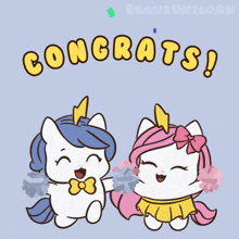 a cartoon of two unicorns congratulating each other with the words congrats