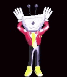 a cartoon character wearing a red jacket , tie , and yellow boots is standing with his hands in the air .