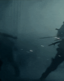 a silhouette of a person holding a sword in the fog .