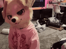 a person in a furry costume is wearing a pink sweater