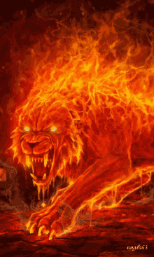 fire lion fierce growl on fire
