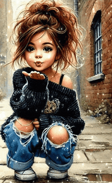 a little girl in a sweater and ripped jeans is blowing a kiss