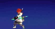 a cartoon character is holding a sword with a green shield behind him