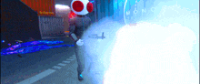 a video game character is holding a gun in front of a sign that says mono