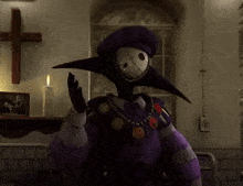 a cartoon character is standing in front of a cross in a room
