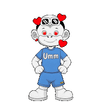 a cartoon monkey wearing a blue shirt that says umm