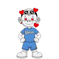 a cartoon monkey wearing a blue shirt that says umm