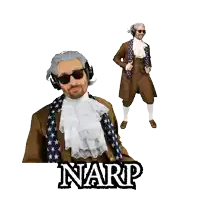 a man in a costume with the word narp on the bottom right