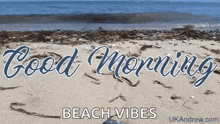 a beach with the words good morning beach vibes written on it