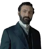a man with a beard is wearing a black suit