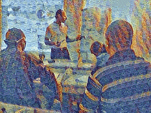 a painting of people sitting around a table with a man standing in the background