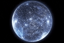 it looks like a sphere filled with stars and a galaxy in the background .