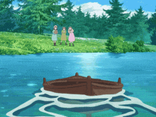 a group of people standing on a shore of a lake with a boat in the water