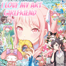 a picture of a girl eating a donut with the words " i love my art girlfriend "